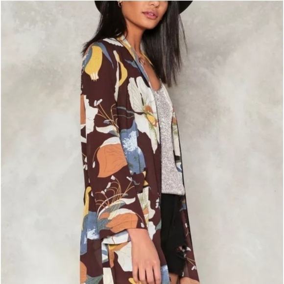 Western Bohemian Kimono Floral Brown & Clay Orange Lightweight Wrap Transitional - Picture 7 of 8